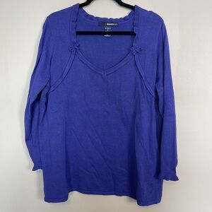 Denim 24/7 Purple V Neck Sweater Size 1X Bow Detail Ruffle Hem Knit Casual Top